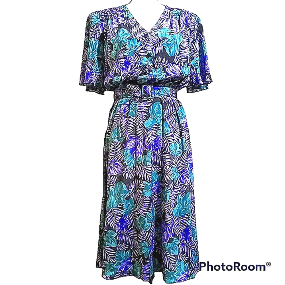 VINTAGE J.B. TOO FLUTTER SLEEVE TROPICAL PALM LEAF DRESS SPRING SUMMER WEAR